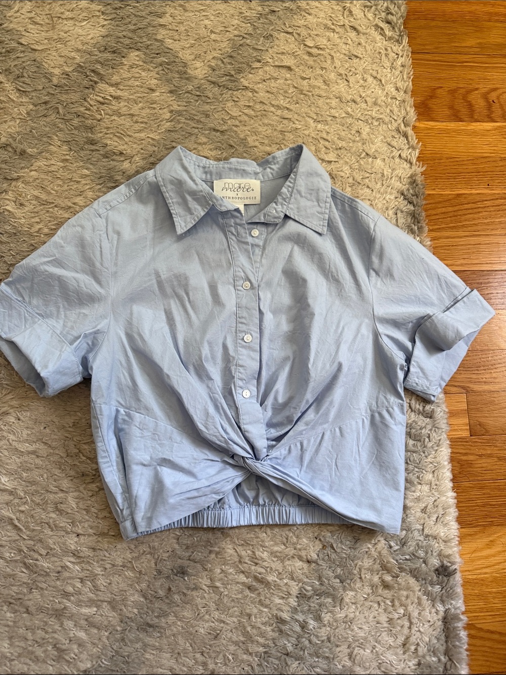 Anthropologie Light Blue Knot-Front Button-Down Shirt crop